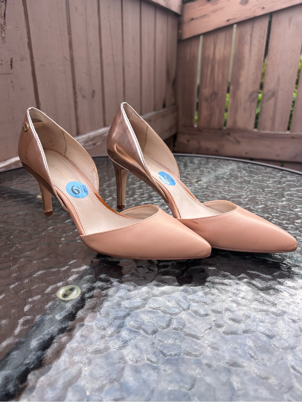Calvin Klein Nude Blush & Metallic Gold Pointed Toe Heels - 2” Heel